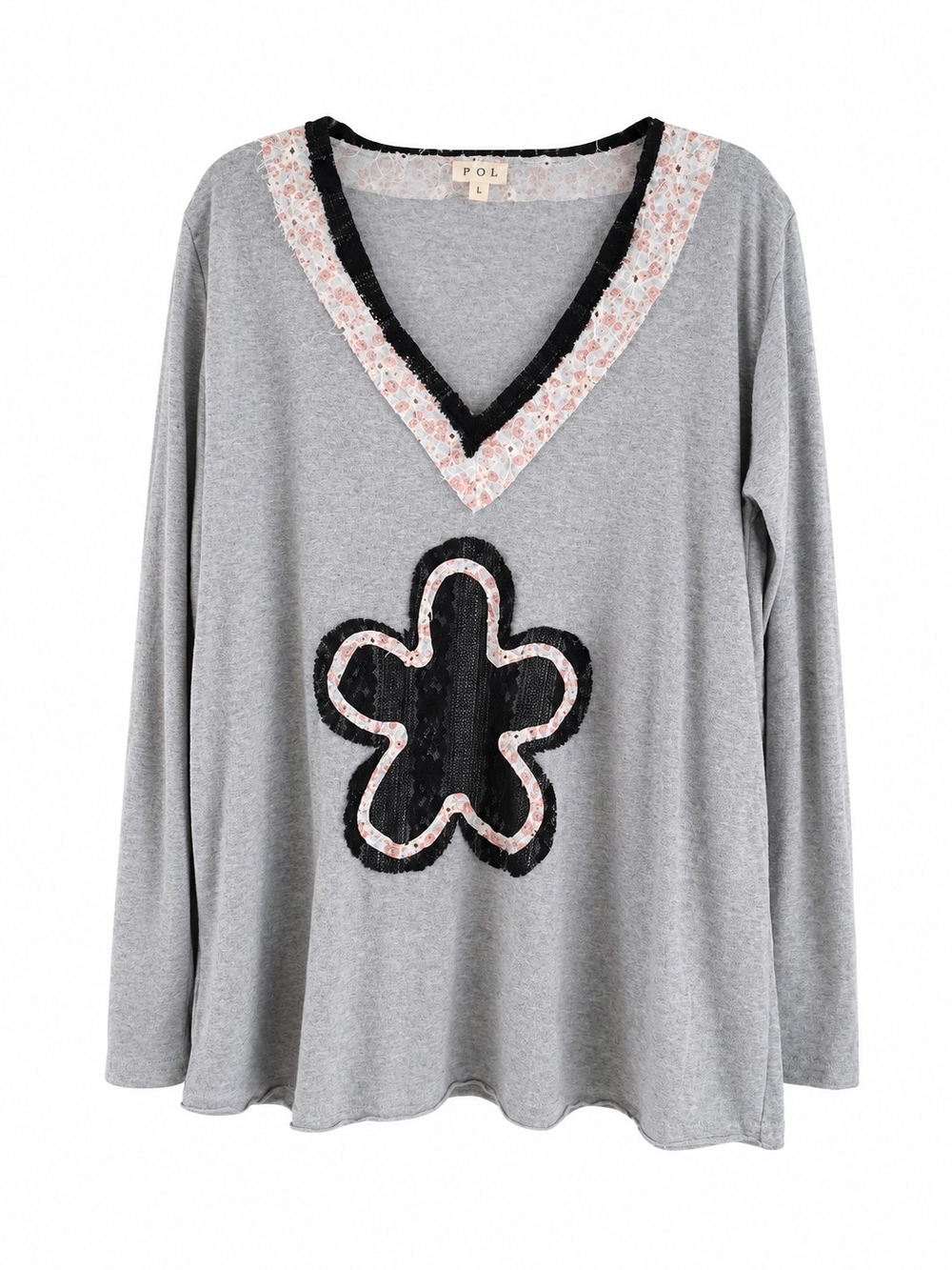 POL Boho Floral Patchwork V-Neck Long Sleeve Top Gray Black Boutique Size Large - Picture 2 of 12